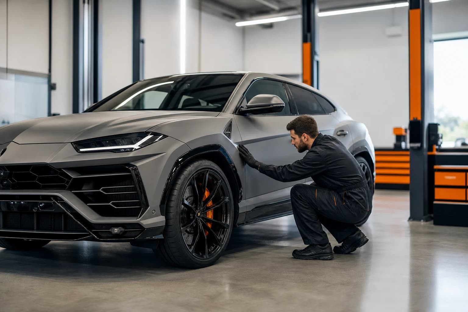 Mechanic inspecting a Nardo Grey SUV in a modern Royal Wing workshop